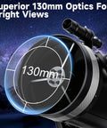 130mm Professional Astronomical Telescope With 650mm Focal Length For Bright Views Alt Az Mount With Fine Adjustment Dual Phone Adapters Moon Filter 65X And 32 Point 5X Magnification Ideal For Adults And Beginners. black telescope lens close-up