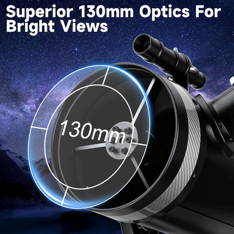130mm Professional Astronomical Telescope With 650mm Focal Length For Bright Views Alt Az Mount With Fine Adjustment Dual Phone Adapters Moon Filter 65X And 32 Point 5X Magnification Ideal For Adults And Beginners. black telescope lens close-up