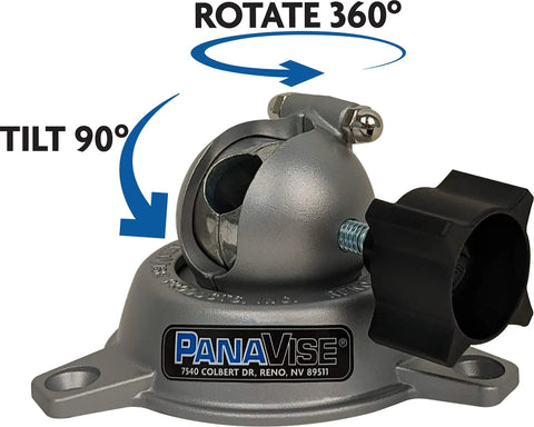 Low Profile Base for 300 Series Vise Heads With Five Eighths Inch Shaft, Single Control Knob And Split Ball Locks, showing rotation and tilt
