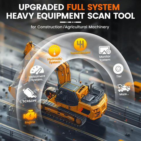 HD3600 Heavy Equipment Diagnostic Tool With DPF Regen Pro Grade Full System Heavy Duty Truck Scanner overlay on construction machinery.