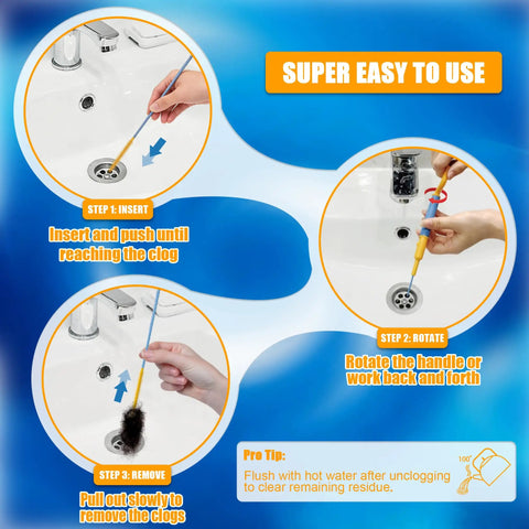 Heavy Duty 30 Inch Drain Snake Snagging Hair Clogs In Showers And Sinks Reusable Nylon Hook Auger steps for removing clogs.