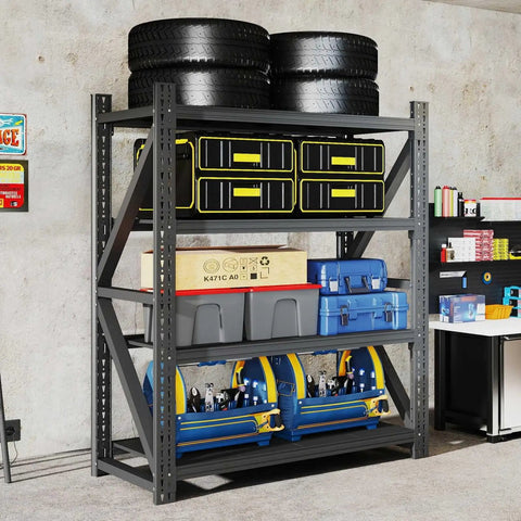 Rock Solid 69 Inch Black Metal Shelving Unit Heavy Duty Steel Rack With Tool Free Setup For Garage Warehouse Mega Storage, loaded with tools and tires.