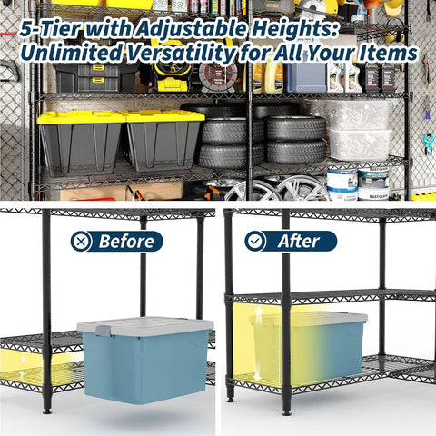 Heavy Duty 5 Tier Metal Storage Rack With Fully Adjustable Wire Shelves For Kitchen Garage Or Warehouse Uses Supports 1325 Pounds Total with storage bins and tools.
