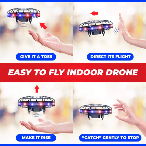 Hand Operated LED Scoot Drone With Motion Sensor For Kids And Adults Indoor Flying UFO Toy shown with hand gestures for control.