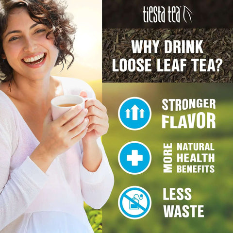Smiling woman holding a cup of tea beside text highlighting benefits of loose leaf tea, including stronger flavor and less waste.
