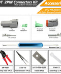 2 Pin DT Waterproof Connector Kit, 28 Sets With Crimping Tool And Removal Tool, connectors, tools, contacts, and accessories layout.