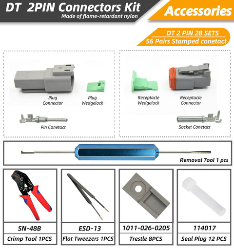 2 Pin DT Waterproof Connector Kit, 28 Sets With Crimping Tool And Removal Tool, connectors, tools, contacts, and accessories layout.