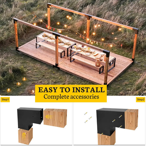 Two Pack Heavy Duty Pergola Bracket Kit Built For Outdoor DIY Projects 14 Gauge Steel L Shaped Wood Brackets For 5.5 x 5.5 Inch Lumber 6x6 Posts Includes Hardware For Gazebos Pergolas