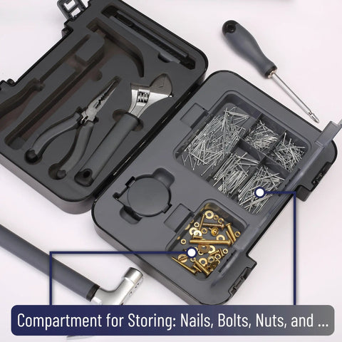 Compact Home Tool Kit With Hammer Essential DIY Handy Hand Tool Set For Home Repairs In A Sturdy Case Includes Screwdrivers Pliers Tape Measure And Wrenches For Quick Everyday Fixes displayed open with tools and accessories visible inside compartments, including nails and screws.