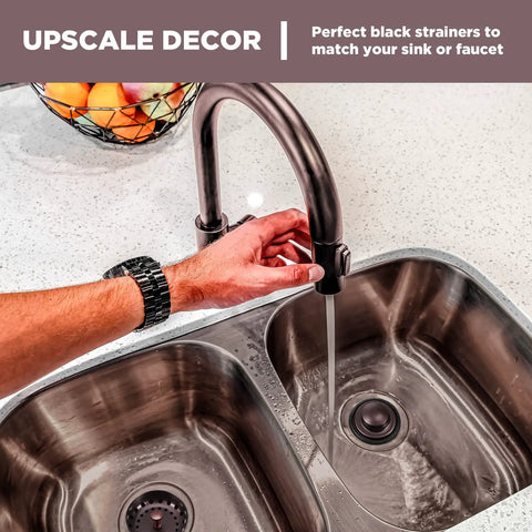 Person using faucet with Three Piece Kitchen Sink Drain Strainer And Stopper Set Stainless Steel Garbage Disposal Plug in sink
