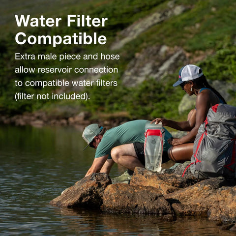 Osprey Hydraulics Quick Connection Kit for Water Reservoir, clear hydration bladder with red cap on backpack