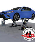 Straight Up Shop Grade 6,000 Lb Open Center Mid Rise Scissor Car Lift Built Tough For Home Garages With Quick Release Safety Locks Solid Steel Frame Heavy Duty Setup with blue car lifted.