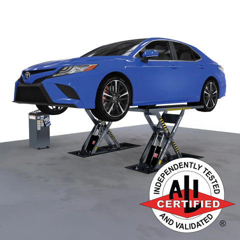 Straight Up Shop Grade 6,000 Lb Open Center Mid Rise Scissor Car Lift Built Tough For Home Garages With Quick Release Safety Locks Solid Steel Frame Heavy Duty Setup with blue car lifted.