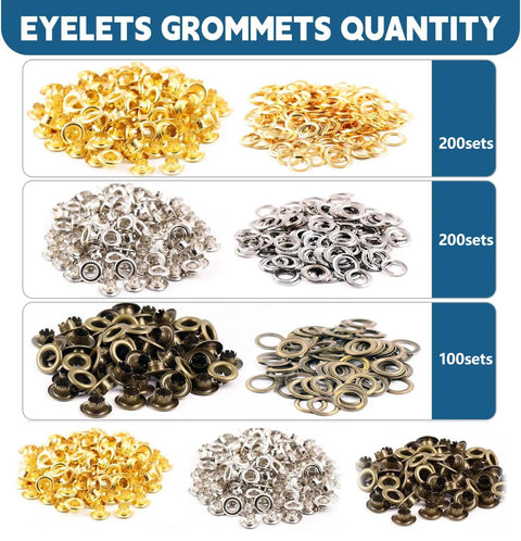 Variety of eyelets and grommets in gold, silver, and black from Grommet Tool Kit 1003 Pieces With 1000 Eyelets And Washers