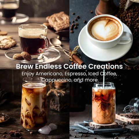 Solid Build 20 Bar Semi Automatic Espresso Machine With Pro Grade Milk Frother Led Display Adjustable Shot Volume Heavy Duty Stainless Steel Home Coffee Maker Zero Hassle Brewing with varied coffee drinks.