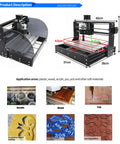 CNC Router Kit With 3 Axis GRBL Control For Engraving Milling And Cutting On Plastic Wood Acrylic PVC And PCB, Aluminum Frame, 300x180x45mm Working Area, DIY Desktop Router Machine For Hobbyists And Makers showing dimensions and application areas
