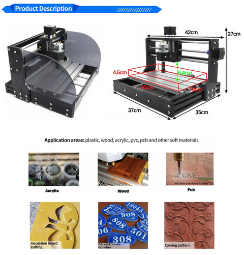 CNC Router Kit With 3 Axis GRBL Control For Engraving Milling And Cutting On Plastic Wood Acrylic PVC And PCB, Aluminum Frame, 300x180x45mm Working Area, DIY Desktop Router Machine For Hobbyists And Makers showing dimensions and application areas