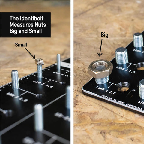 Identibolt Precise Threadchecker And Wall Mount Kit demonstrating nut size comparison on measurement board