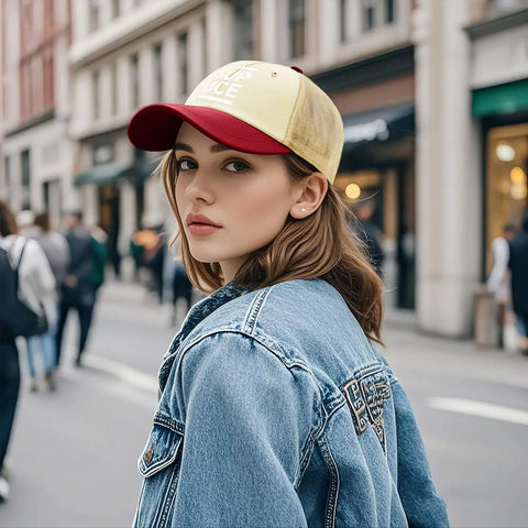 Woman wearing Cool Mens Golf Trucker Cap That Feels Like Air, Vintage Classic Cotton Hat With Breathable Six Eyelet Design