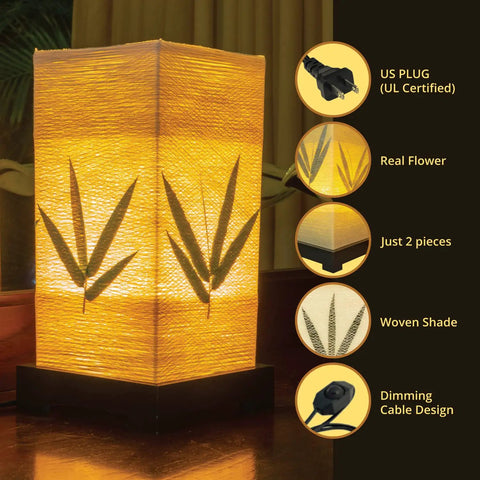 Japanese Lantern Bamboo Table Lamp With Cherry Blossom Accent Dimmable Nightstand Light With Warm Glow and Woven Shade