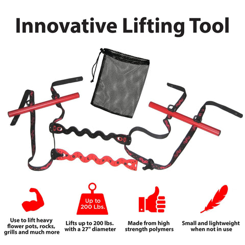 PotLifter plant pot lifting tool with red bars and black straps for moving heavy pots up to 200 lbs
