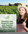 Smiling gardener holding tools in Austrian Winter Peas field with promotion for Austrian Winter Peas Seeds For Planting 10 Lb Bag
