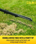 61-Inch Dethatcher Rake For Lawns With Thin Curved Spring Steel Tines removing thatch on grassy lawn