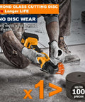 Diamond cutting disc, 4-1/2 in with 7/8 in arbor, mounted on orange cordless angle grinder for metal cutting.
