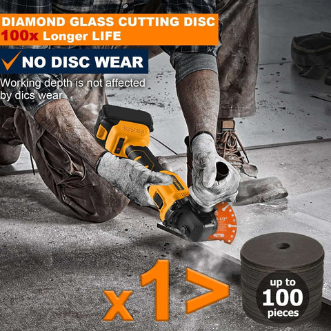 Diamond cutting disc, 4-1/2 in with 7/8 in arbor, mounted on orange cordless angle grinder for metal cutting.