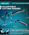 Heavy Duty PVC Pipe Cutter With Ratchet For PEX PVC And PPR Hoses Up To One And Five Eighths Inch Capacity Includes Deburring Tool Replacement Blade And Two Adjustable Cutting Ranges For Fast Clean Cuts