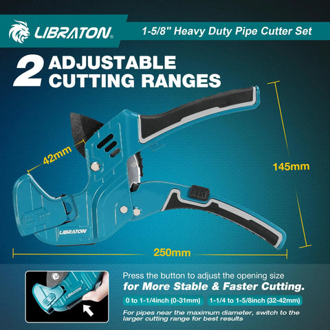 Heavy Duty PVC Pipe Cutter With Ratchet For PEX PVC And PPR Hoses Up To One And Five Eighths Inch Capacity Includes Deburring Tool Replacement Blade And Two Adjustable Cutting Ranges For Fast Clean Cuts