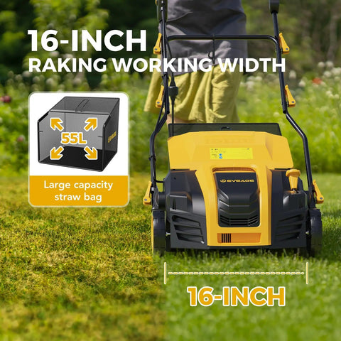 Electric Lawn Dethatcher And Scarifier 16 Inch Wide, 15 Amp Corded Power Rake And Aerator With 13.2 Gallon Collection Bag
