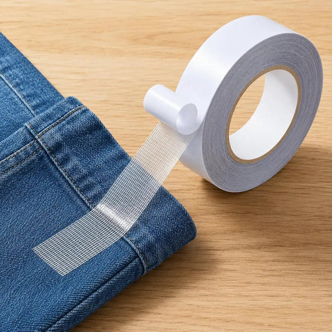 One Inch By Two Hundred Ten Feet Iron On Hemming Tape Double Sided No Sew Hem Tape For Pants Jeans Dresses Skirts And Curtains Extra Strong Washable Fabric Tape Pro Grade Results on wooden surface next to denim fabric