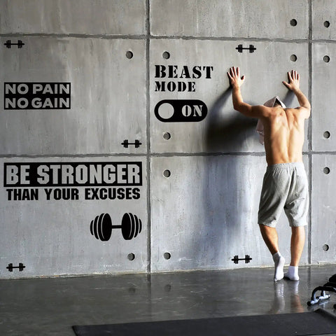 Three Piece Gym Wall Decal Be Stronger Than Your Excuses No Pain No Gain Beast Mode Inspirational Quotes Vinyl Wall Art