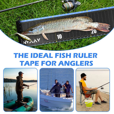 53 Inch Fish Ruler With One Quarter Inch Increments, Waterproof Fishing Tape And Bump Board shown with fish for measurement.