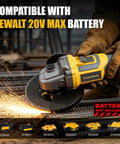 Heavy Duty Cordless Angle Grinder Compatible With Twenty Volt Batteries For Kickass Metal Cutting Grinding And Polishing Smart Ergonomic Grip in action, sparks flying.