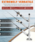 Heavy-Duty Triple Rod Tree For Boats, 3 Aluminum Rod Holders With 360 Degree Swivel And 180 Degree Tilt, Gunnel Track Mount Trolling Rack - Fits Kayaks, Fishing Boats, And Small Vessels. Three aluminum rod holders mounted on a boat rail