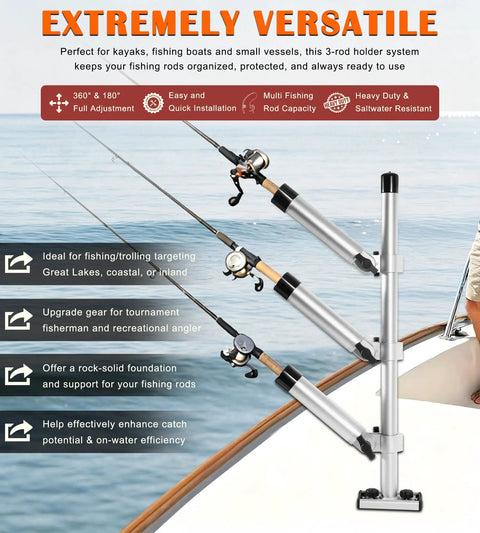 Heavy-Duty Triple Rod Tree For Boats, 3 Aluminum Rod Holders With 360 Degree Swivel And 180 Degree Tilt, Gunnel Track Mount Trolling Rack - Fits Kayaks, Fishing Boats, And Small Vessels. Three aluminum rod holders mounted on a boat rail