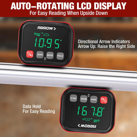 Job Site Ready Digital Angle Gauge And Knockout Precision Electronic Protractor Finder With Bullseye Accuracy showing auto-rotating LCD display for easy reading.
