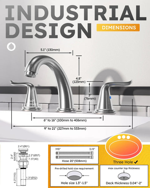 Brushed Nickel Widespread Bathroom Faucet With Two Handles, 3 Hole Installation, diagram showing dimensions and specifications.