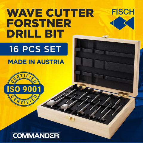 Badass 16 Piece Wave Cutter Forstner Bit Set With Slick Patented Geometry For Dead On Accuracy And Splinter Proof Woodworking Holes In Rugged Custom Wooden Storage Box, displayed in wooden box.