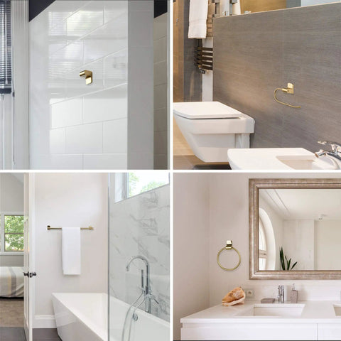 Positano Matte Brass Bath Set With Towel Bar And Toilet Paper Holder Sleek All In One Bathroom Hardware Upgrade For A Minimalist Modern Look And Slick Easy Install, showing installation in various bathrooms, matte brass finish.