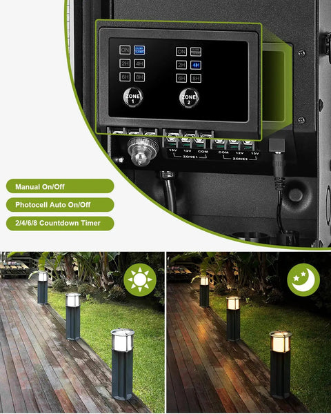 Control panel of Dual Output 300W Low Voltage Landscape Transformer with Timer and Photocell Sensor, shown with outdoor lighting setup.