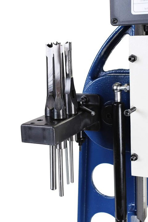 Pro Grade Benchtop X Y Mortiser With Sliding Axis Table And Half HP 1750 RPM Motor drill bits close-up