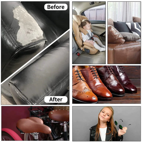 Self Adhesive Leather Repair Patch 8x11 Inch For Couches Car Seats Sofas And Jackets Scratch And Holes Repair Tape For Vinyl Upholstery DIY Furniture Repair Easy Peel And Stick Black shown on different surfaces.