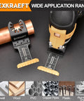 Badass 50 Piece Oscillating Tool Blade Set Featuring 45 Curved Edge And 5 Titanium Straight Cutters For Cutting Wood Plastic Drywall Metal Demolition Tasks Quick Swap Universal Lock with blades for drywall and copper pipes.