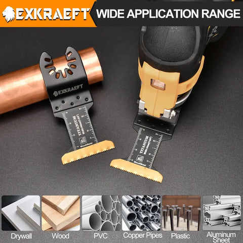 Badass 50 Piece Oscillating Tool Blade Set Featuring 45 Curved Edge And 5 Titanium Straight Cutters For Cutting Wood Plastic Drywall Metal Demolition Tasks Quick Swap Universal Lock with blades for drywall and copper pipes.