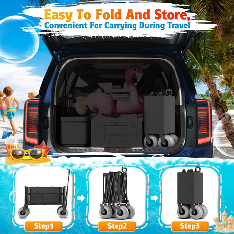 Inflatable Beach Wagon Tires with Quick Change Design inside car trunk with beach accessories, easy to fold and store.