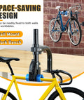 Heavy Duty Bike Repair Stand With 360 Degree Clamp And Wall Mount For Road And Mountain Bikes on a workbench and wall mount