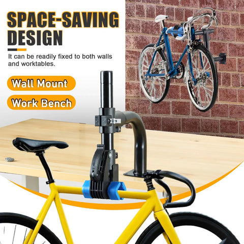 Heavy Duty Bike Repair Stand With 360 Degree Clamp And Wall Mount For Road And Mountain Bikes on a workbench and wall mount